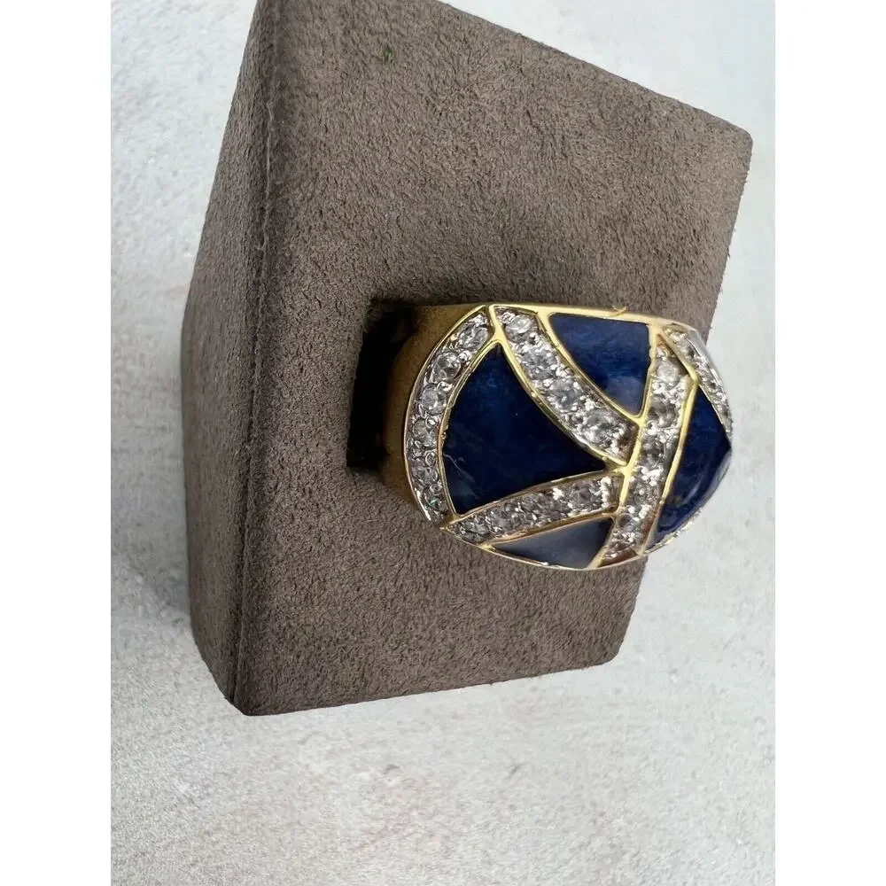 Formal Wear Statement Gold‎ Plated Blue Enamel Chunky Ring - Size 5